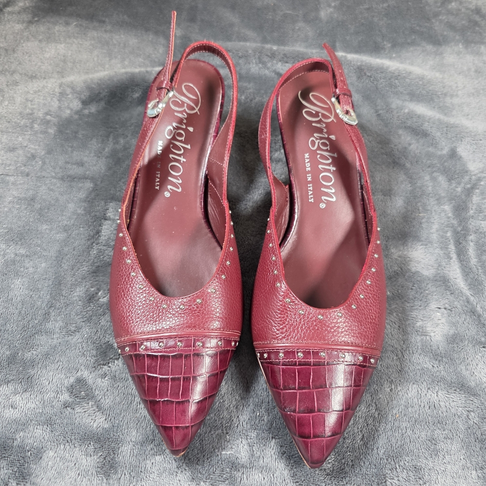 Brighton FRIEZE Slingback Pumps Heels Red Leather Studded Cap Toe Shoes Sz 8